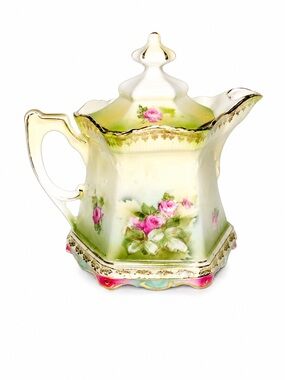 Antique RS Prussia Floral Creamer Pitcher in Green and Pink with Gold Trim